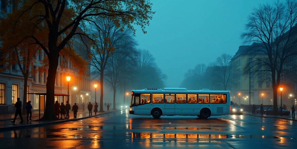 Sunflowers still — bus on a foggy city street at night