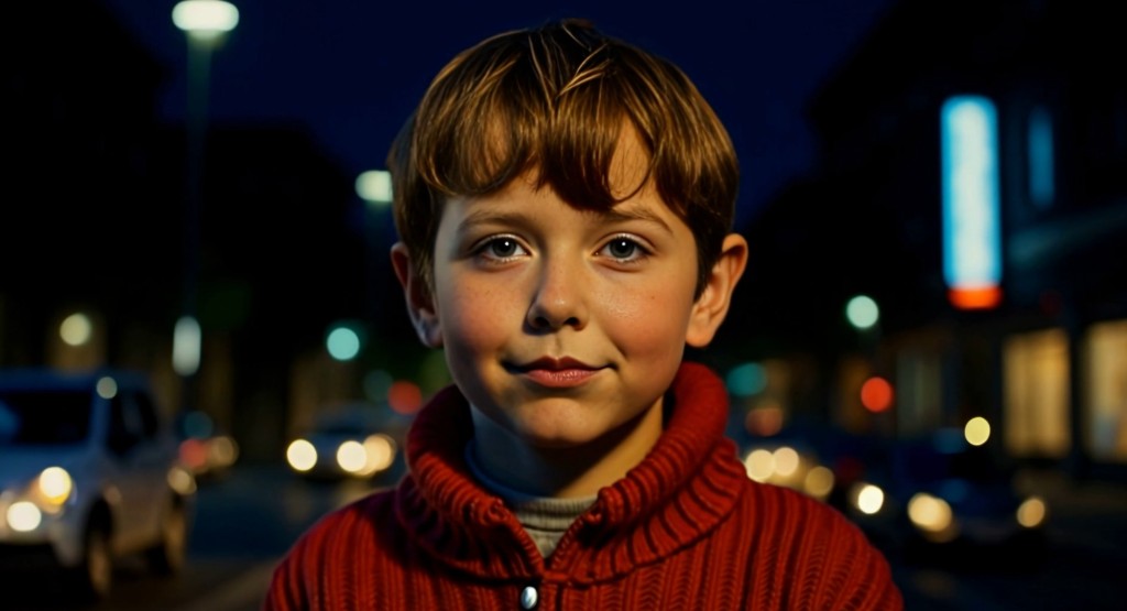 Sunflowers still — boy in red sweater at night