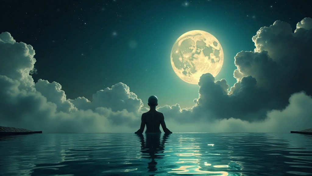 Sunflowers still — figure in water under the moon
