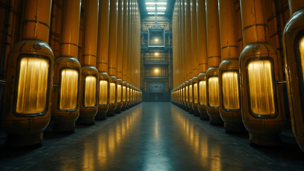 Sunflowers still — industrial corridor with glowing chambers