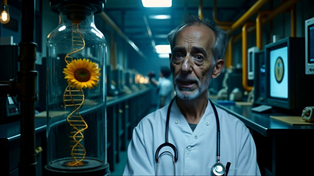 Sunflowers still — scientist with sunflower DNA helix
