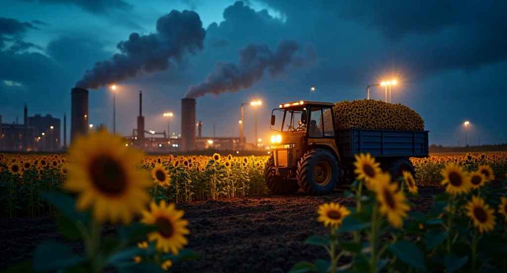 Sunflowers still — tractor in sunflower field at night